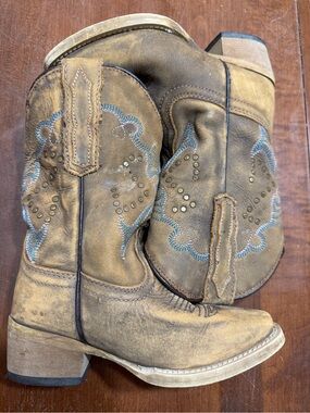 Dan Post Kids Tan Western Boots with Blue Stitching